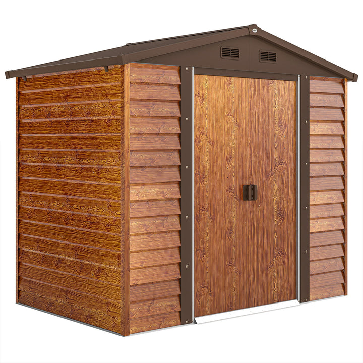 Abrigo de Jardim Exterior 3 m² 152x235,7x208,7 cm Abrigo de Jardim Metálico com 2 Portas de Correr e 4 Janelas de Ventilação para Armazenamento de Ferramentas Madeira e Marrom