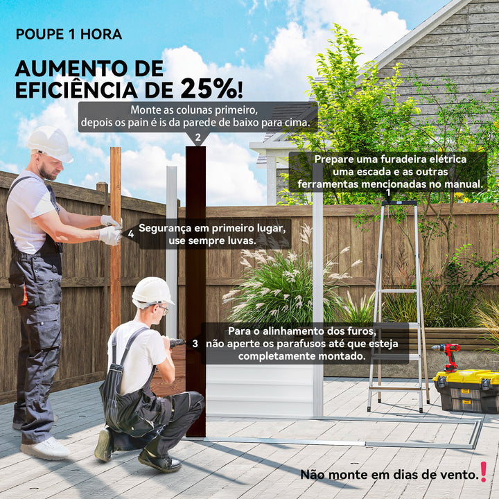 Abrigo de Jardim Exterior 3 m² 152x235,7x208,7 cm Abrigo de Jardim Metálico com 2 Portas de Correr e 4 Janelas de Ventilação para Armazenamento de Ferramentas Madeira e Marrom