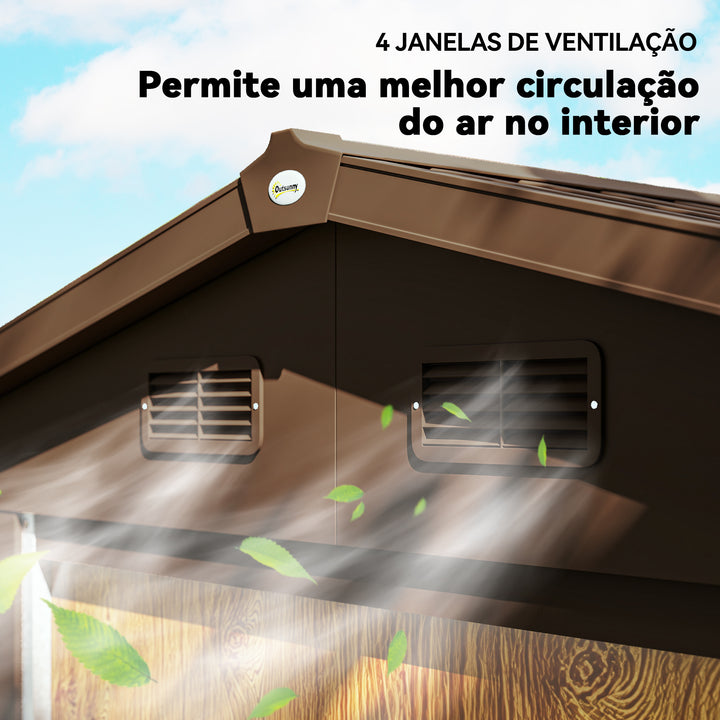 Abrigo de Jardim Exterior 3 m² 152x235,7x208,7 cm Abrigo de Jardim Metálico com 2 Portas de Correr e 4 Janelas de Ventilação para Armazenamento de Ferramentas Madeira e Marrom