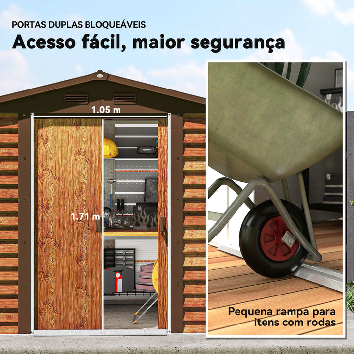 Abrigo de Jardim Exterior 3 m² 152x235,7x208,7 cm Abrigo de Jardim Metálico com 2 Portas de Correr e 4 Janelas de Ventilação para Armazenamento de Ferramentas Madeira e Marrom