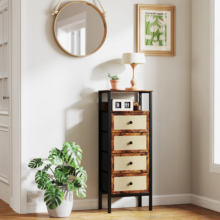 Cómoda de Tecido Cómoda para Dormitório com 4 Gavetas com Frente em Vime Prateleira e Estrutura em Aço para Sala de Estar 50x30x126 cm Marrom Rústico