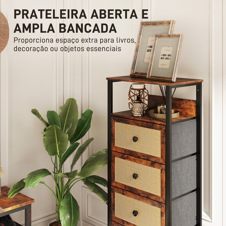 Cómoda de Tecido Cómoda para Dormitório com 4 Gavetas com Frente em Vime Prateleira e Estrutura em Aço para Sala de Estar 50x30x126 cm Marrom Rústico