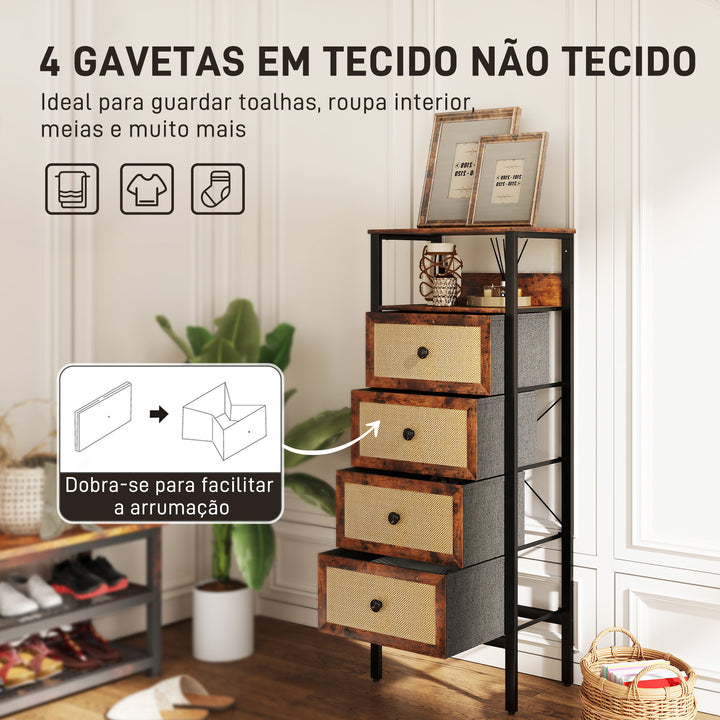 Cómoda de Tecido Cómoda para Dormitório com 4 Gavetas com Frente em Vime Prateleira e Estrutura em Aço para Sala de Estar 50x30x126 cm Marrom Rústico