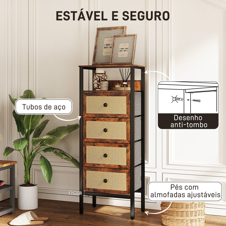 Cómoda de Tecido Cómoda para Dormitório com 4 Gavetas com Frente em Vime Prateleira e Estrutura em Aço para Sala de Estar 50x30x126 cm Marrom Rústico
