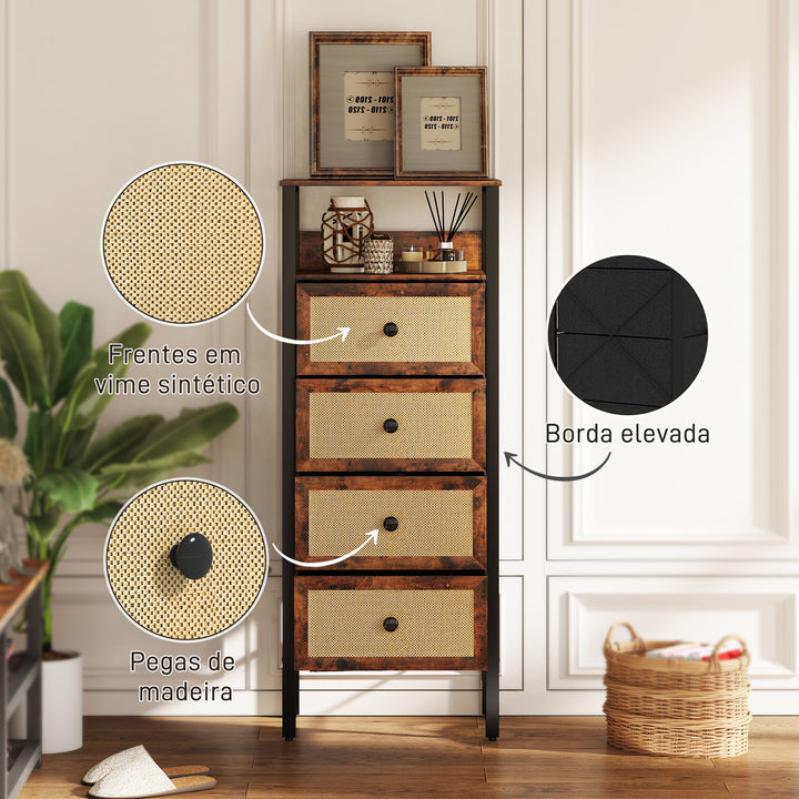 Cómoda de Tecido Cómoda para Dormitório com 4 Gavetas com Frente em Vime Prateleira e Estrutura em Aço para Sala de Estar 50x30x126 cm Marrom Rústico