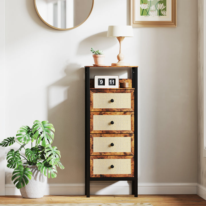 Cómoda de Tecido Cómoda para Dormitório com 4 Gavetas com Frente em Vime Prateleira e Estrutura em Aço para Sala de Estar 50x30x126 cm Marrom Rústico