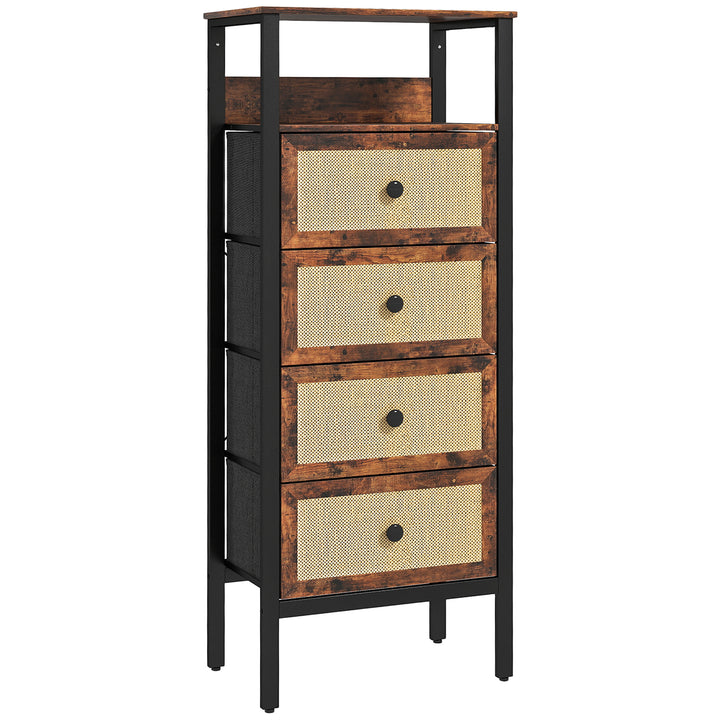 Cómoda de Tecido Cómoda para Dormitório com 4 Gavetas com Frente em Vime Prateleira e Estrutura em Aço para Sala de Estar 50x30x126 cm Marrom Rústico