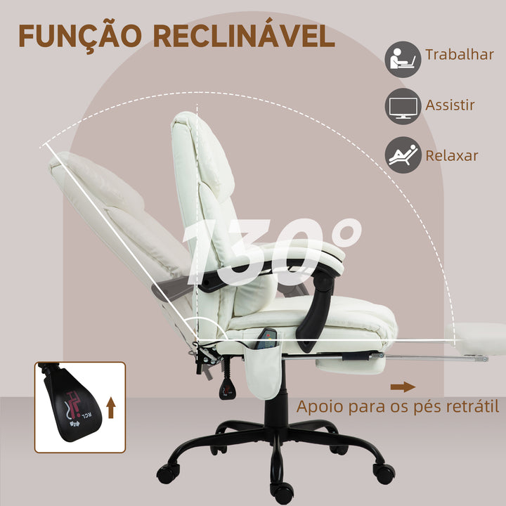 Cadeira de Escritório com Massagem de 6 Pontos Cadeira Giratória com Encosto Alto Reclinável Altura Ajustável Apoio para Pés e Controlo Remoto 66x75x112-122 cm Branco