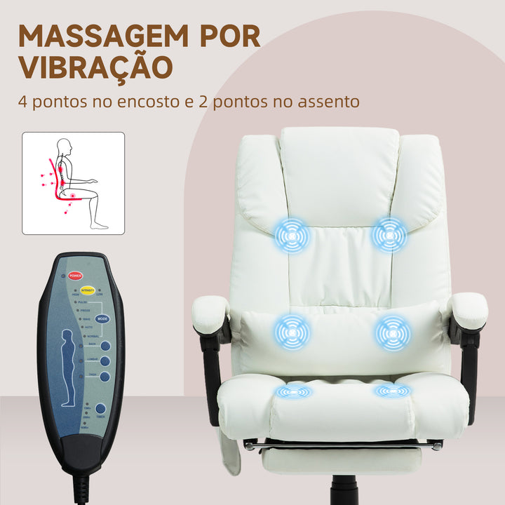 Cadeira de Escritório com Massagem de 6 Pontos Cadeira Giratória com Encosto Alto Reclinável Altura Ajustável Apoio para Pés e Controlo Remoto 66x75x112-122 cm Branco