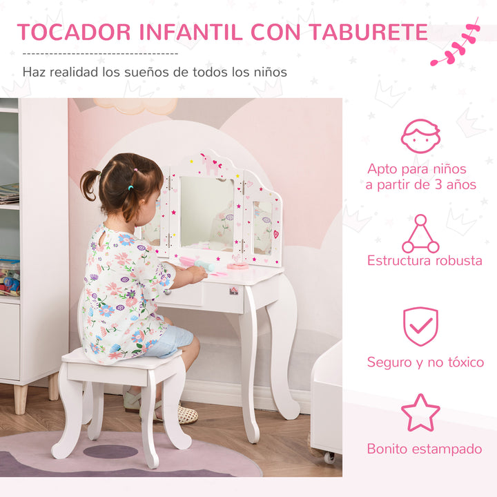 Toucador Infantil de Madeira com Banco e Espelho de Acrílico de 2 Sessões Mesa de Maquilhagem Infantil com Gaveta para Dormitório Sala de Jogos 63x40x85,5cm Branco