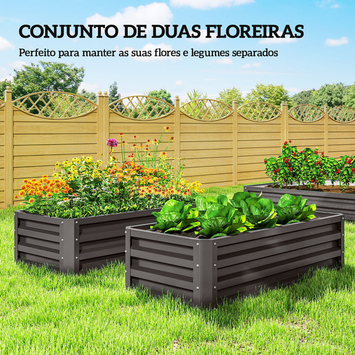 Conjunto de 2 Floreiras Grandes para Exterior em Aço Galvanizado Hortas Urbanas Floreiras Elevadas para Plantas Flores, Terraço Jardim, Resistente às Intempéries 110x50x30 cm Cinzento