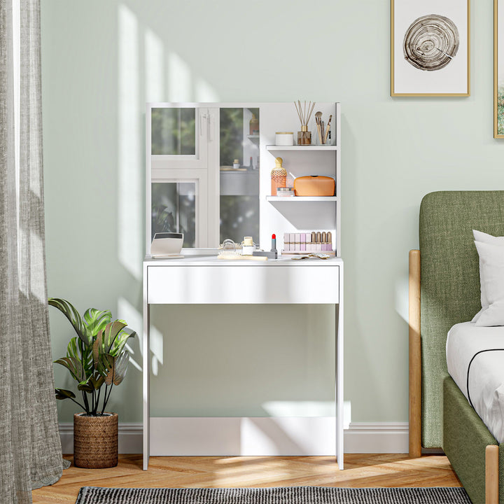 Toucador de Maquilhagem com Espelho Mesa de Maquilhagem com Gaveta e Prateleiras Abertas Toucador para Dormitório 75x40x137 cm Branco