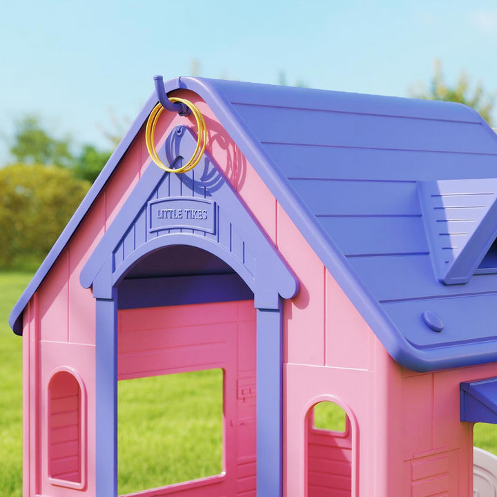 Casinha Infantil para Exterior e Interior 3 em 1 Casinha de Jardim com Lançamento de Aros e Basquetebol Casa de Jogos para Crianças de 2-5 Anos 132x118x124 cm Rosa e Roxo