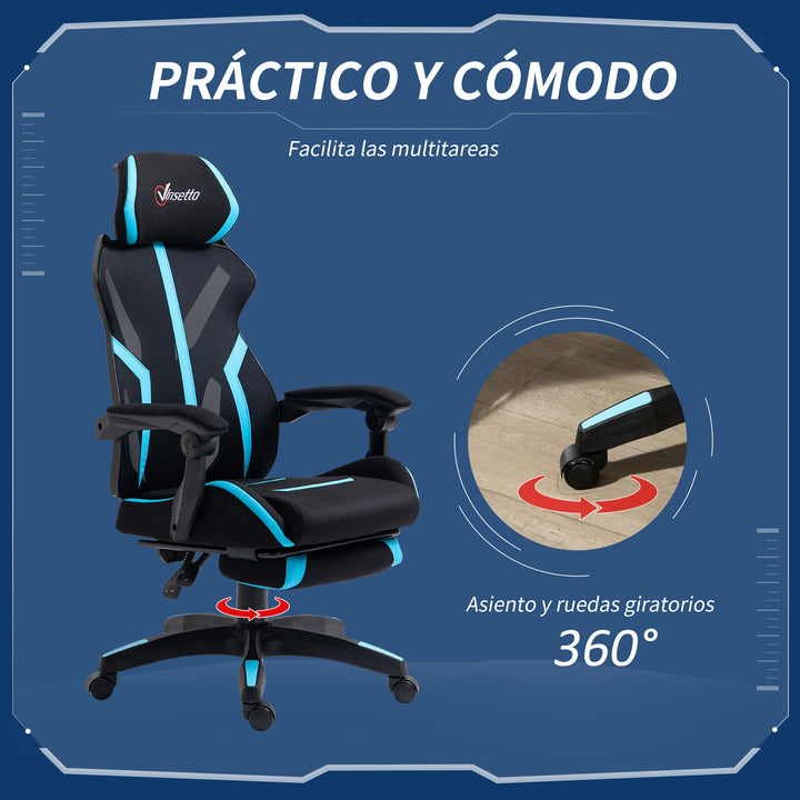 Cadeira de Gaming com Apoio para os Pés Retrátil Cadeira de Escritório Reclinável com Apoio para a Cabeça e Altura Ajustável 65x65x119-129cm Preto e Azul