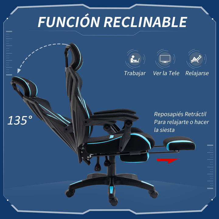 Cadeira de Gaming com Apoio para os Pés Retrátil Cadeira de Escritório Reclinável com Apoio para a Cabeça e Altura Ajustável 65x65x119-129cm Preto e Azul