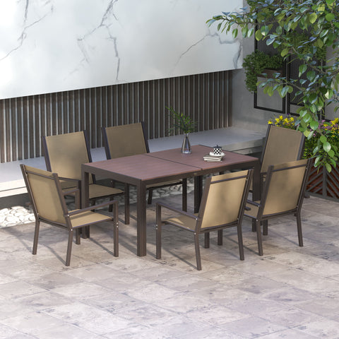 Conjunto de Refeição de Exterior de 7 Peças Conjunto de Mesa e 6 Cadeiras de Jardim com Cadeiras Empilháveis e Estrutura de Aço para Terraço Pátio Cáqui
