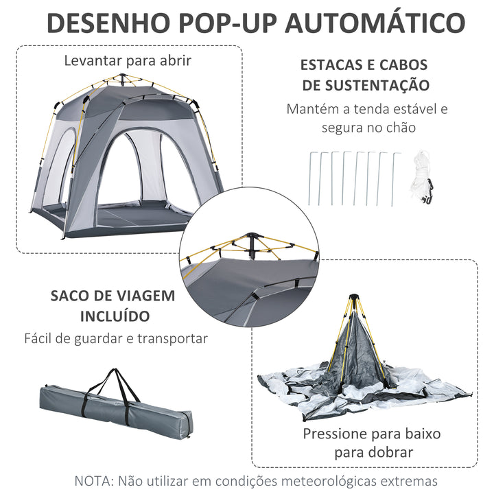 Tenda de Campismo para 4 Pessoas Tenda de Campismo Pop UP com 4 Janelas 2 Bolsos de Armazenamento e Bolsa de Transporte 240x240x199 cm Cinza