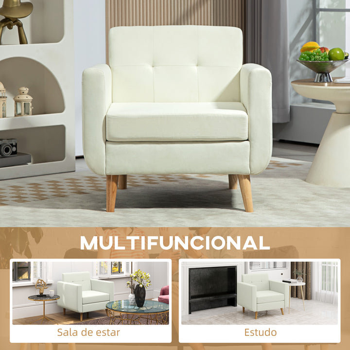 Poltrona Sala de Estar Moderna Poltrona Dormitório com Apoio para os Braços e Pés de Madeira Sofá Individual para Escritório Carga 125 kg 78x70x75 cm Creme