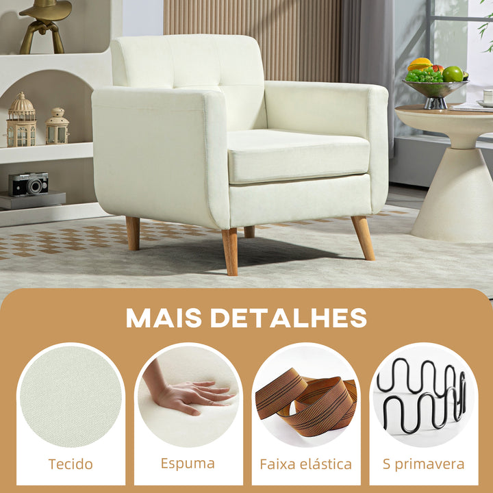Poltrona Sala de Estar Moderna Poltrona Dormitório com Apoio para os Braços e Pés de Madeira Sofá Individual para Escritório Carga 125 kg 78x70x75 cm Creme