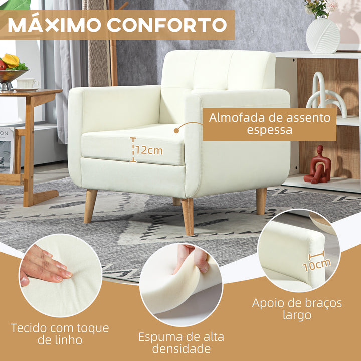 Poltrona Sala de Estar Moderna Poltrona Dormitório com Apoio para os Braços e Pés de Madeira Sofá Individual para Escritório Carga 125 kg 78x70x75 cm Creme