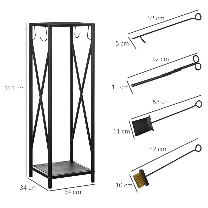 Suporte para Lenha Estante para Lenha Lenheiro de Exterior com Ganchos Pá Escova Atiçador e Tenaz Carga 60 kg 34x34x111 cm Preto