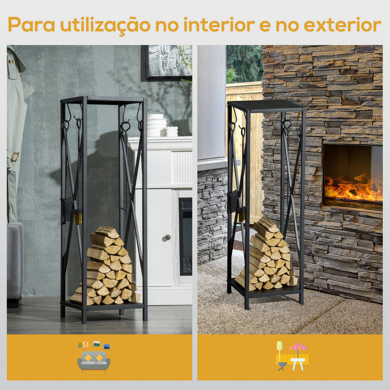 Suporte para Lenha Estante para Lenha Lenheiro de Exterior com Ganchos Pá Escova Atiçador e Tenaz Carga 60 kg 34x34x111 cm Preto