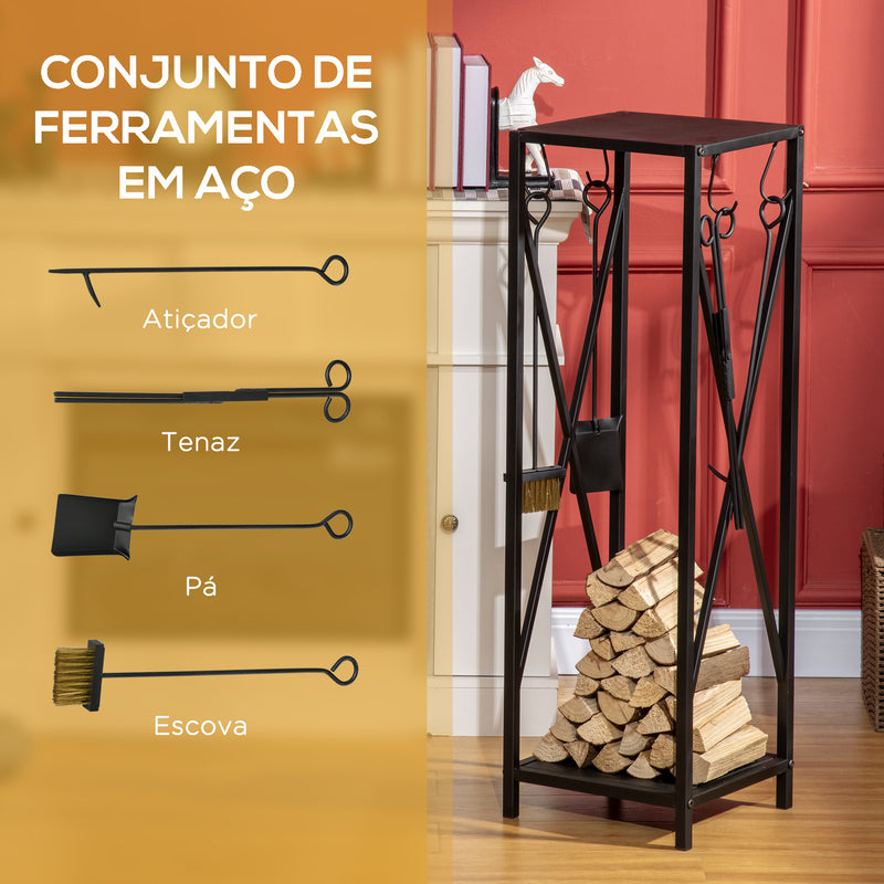 Suporte para Lenha Estante para Lenha Lenheiro de Exterior com Ganchos Pá Escova Atiçador e Tenaz Carga 60 kg 34x34x111 cm Preto