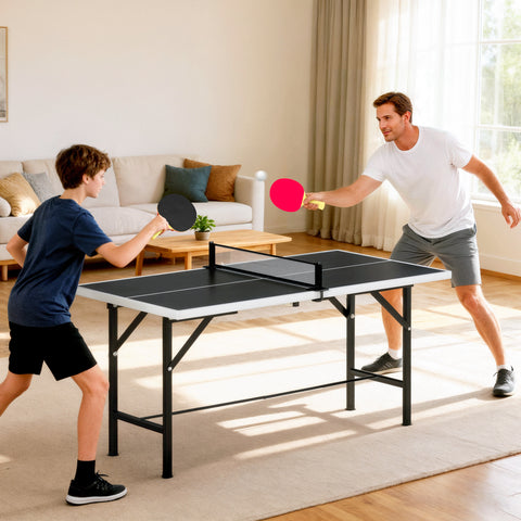 Mini Mesa de Ping Pong Dobrável 152x76 cm Mesa de Ping Pong para Exterior com Rede 2 Raquetes e 3 Bolas Fácil de Transportar Estável para Interior e Exterior Preto