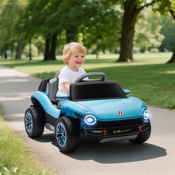 Carro Elétrico para Crianças acima de 3 Anos Volkswagen E-Buggy Bateria 12V com Controlo Remoto 2,4 G Rodas com Suspensão Faróis LED Música USB e Motor Duplo 98x56,5x47 cm Azul