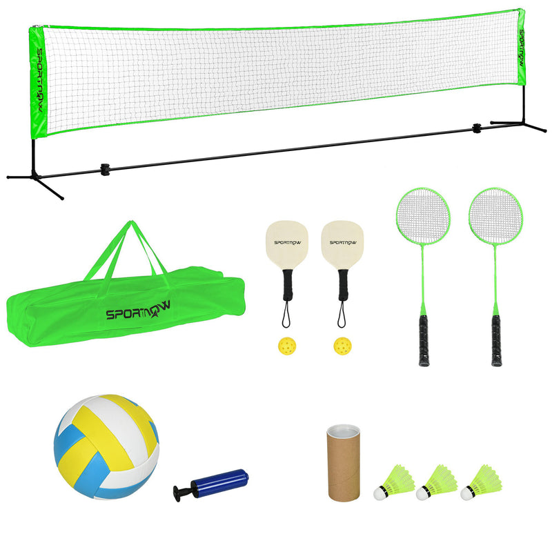 Kit de Badminton de 7 Peças Jogo de Badminton com 2 Raquetes 3 Badminton 2 Raquetes de Pickleball 2 Bolas de Pickleball Bola de Voleibol e Rede com Suporte Preto e Verde