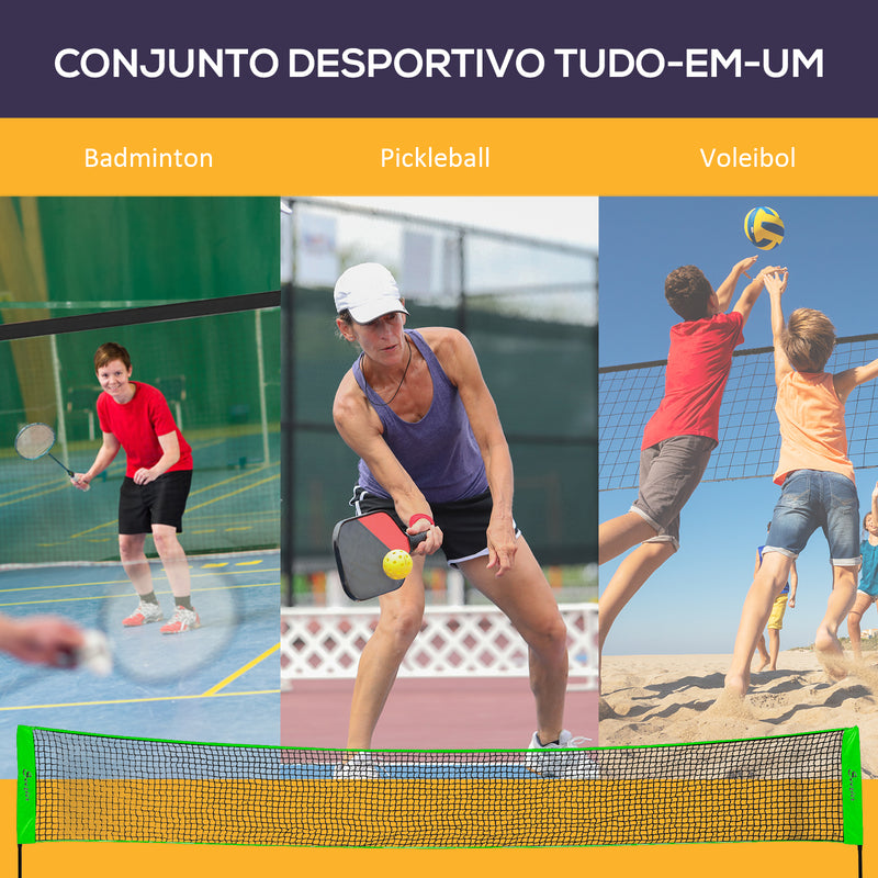 Kit de Badminton de 7 Peças Jogo de Badminton com 2 Raquetes 3 Badminton 2 Raquetes de Pickleball 2 Bolas de Pickleball Bola de Voleibol e Rede com Suporte Preto e Verde