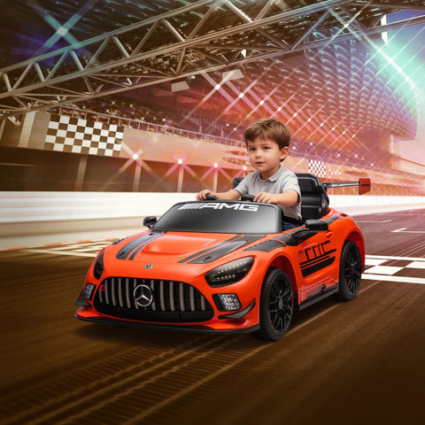 Carro Elétrico para Crianças Mercedes-AMG GT3 Evo Carro de Bateria 12V com Controlo Remoto 2,4G Motor Duplo Rodas Auxiliares Alça de Transporte Música Faróis 115x66x44 cm Laranja