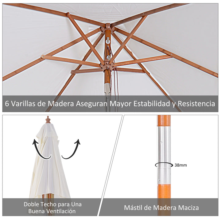 Guarda-sol 200x150x230 cm de Bambu Madeira para Jardim Terraço Pátio Praia Dois Tectos Ângulo Inclinável Rectângulo de 38mm Crema