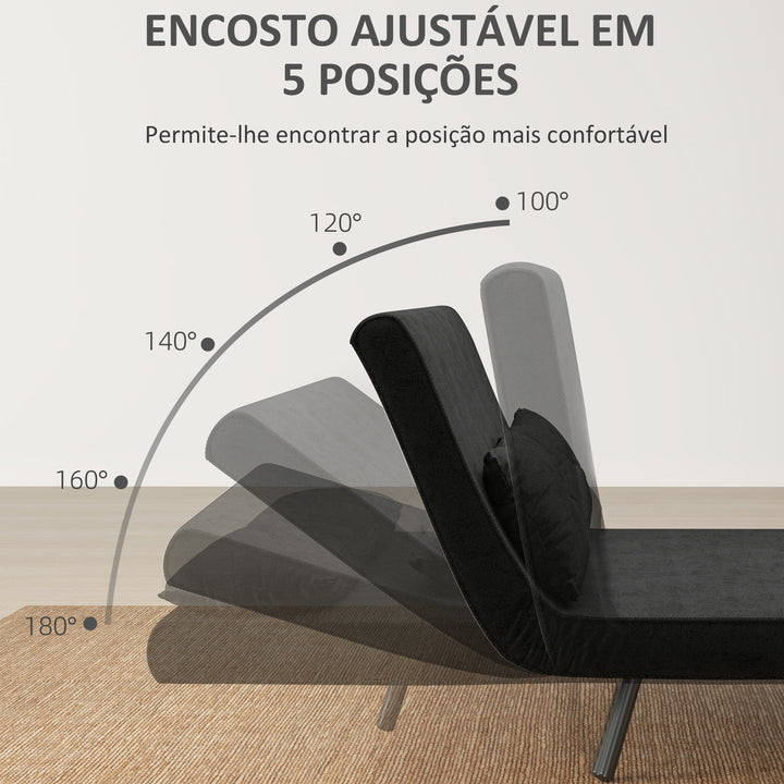 Sofá Cama Sofá Convertível em Cama de 2 Lugares Dobrável com Encosto Ajustável em 5 Níveis e 2 Almofadas Acolchoadas para Escritório Dormitório Sala de Estar 102x73x81 cm Preto