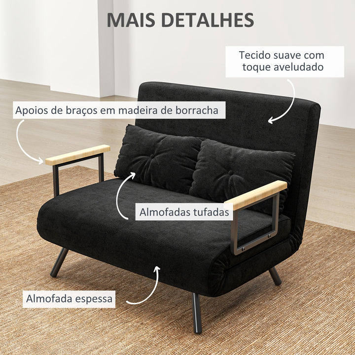 Sofá Cama Sofá Convertível em Cama de 2 Lugares Dobrável com Encosto Ajustável em 5 Níveis e 2 Almofadas Acolchoadas para Escritório Dormitório Sala de Estar 102x73x81 cm Preto