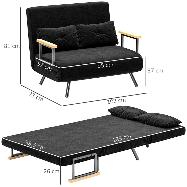 Sofá Cama Sofá Convertível em Cama de 2 Lugares Dobrável com Encosto Ajustável em 5 Níveis e 2 Almofadas Acolchoadas para Escritório Dormitório Sala de Estar 102x73x81 cm Preto