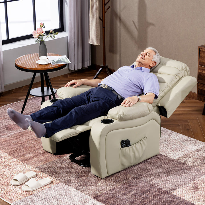 Poltrona Relax Reclinável Elétrica Elevatória com Massagem Vibratória e Aquecimento Poltrona Elevatória com Porta USB Controlo Remoto Apoio para Pés Estofada em PU Bolsos Laterais Creme
