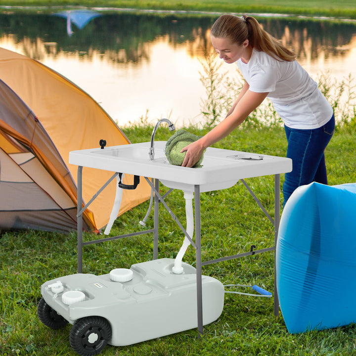 Depósito de Água 40 L com Rodas Depósito de Água Portátil com Pega Metálica e Torneira para Caravanas Autocaravanas Campismo ao Ar Livre 37x23x80 cm Cinzento
