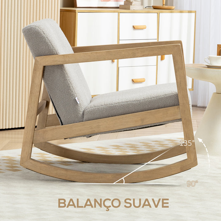 Poltrona Baloiço Estofada em Tecido em Borrego Poltrona Baloiço com Assento Acolchoado Apoio para os Braços e Pés de Madeira de Borracha para Sala de Estar Dormitório 60x81x71 cm Cinza