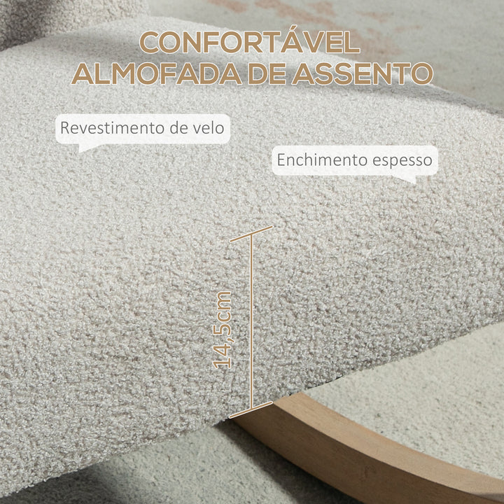 Poltrona Baloiço Estofada em Tecido em Borrego Poltrona Baloiço com Assento Acolchoado Apoio para os Braços e Pés de Madeira de Borracha para Sala de Estar Dormitório 60x81x71 cm Cinza