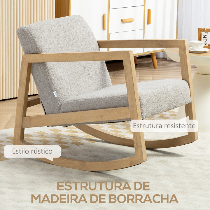 Poltrona Baloiço Estofada em Tecido em Borrego Poltrona Baloiço com Assento Acolchoado Apoio para os Braços e Pés de Madeira de Borracha para Sala de Estar Dormitório 60x81x71 cm Cinza