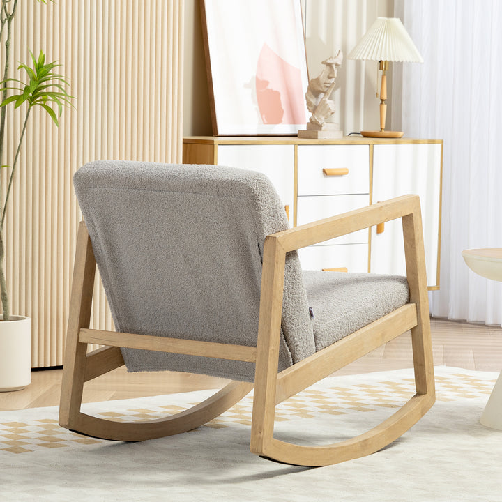 Poltrona Baloiço Estofada em Tecido em Borrego Poltrona Baloiço com Assento Acolchoado Apoio para os Braços e Pés de Madeira de Borracha para Sala de Estar Dormitório 60x81x71 cm Cinza