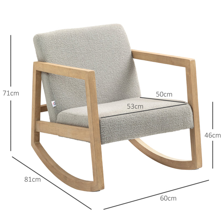 Poltrona Baloiço Estofada em Tecido em Borrego Poltrona Baloiço com Assento Acolchoado Apoio para os Braços e Pés de Madeira de Borracha para Sala de Estar Dormitório 60x81x71 cm Cinza
