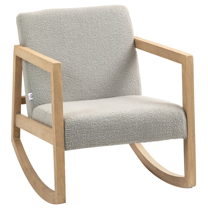 Poltrona Baloiço Estofada em Tecido em Borrego Poltrona Baloiço com Assento Acolchoado Apoio para os Braços e Pés de Madeira de Borracha para Sala de Estar Dormitório 60x81x71 cm Cinza
