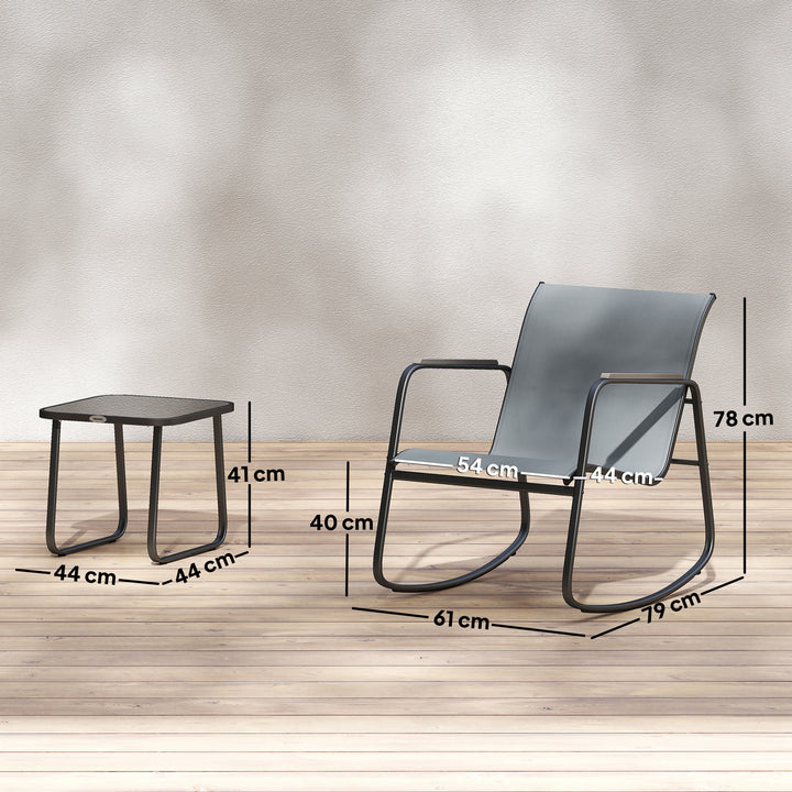 Conjunto de Mesa e Cadeiras de Terraço Exterior de 3 Peças, Móveis de Jardim com 2 Cadeiras de Balanço Mesa com Tampo de Vidro e Estrutura de Aço para Varanda ou Pátio Cinza