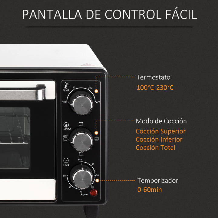 Mini Forno de Convecção 16L com 3 Modos de Aquecimento Temperatura até 230°C Temporizador 60 Minutos Bandeja para Assar e Grade 44x32x28,1cm Branco e Preto
