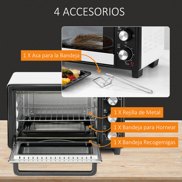 Mini Forno de Convecção 16L com 3 Modos de Aquecimento Temperatura até 230°C Temporizador 60 Minutos Bandeja para Assar e Grade 44x32x28,1cm Branco e Preto