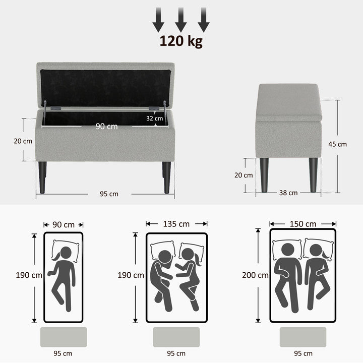 Banco de Armazenamento Dormitório Banco de Armazenamento Capacidade 47L Tampa Abatível e Pés de Madeira de Borracha Carga Máxima 120 kg 95x38x45 cm Cinza