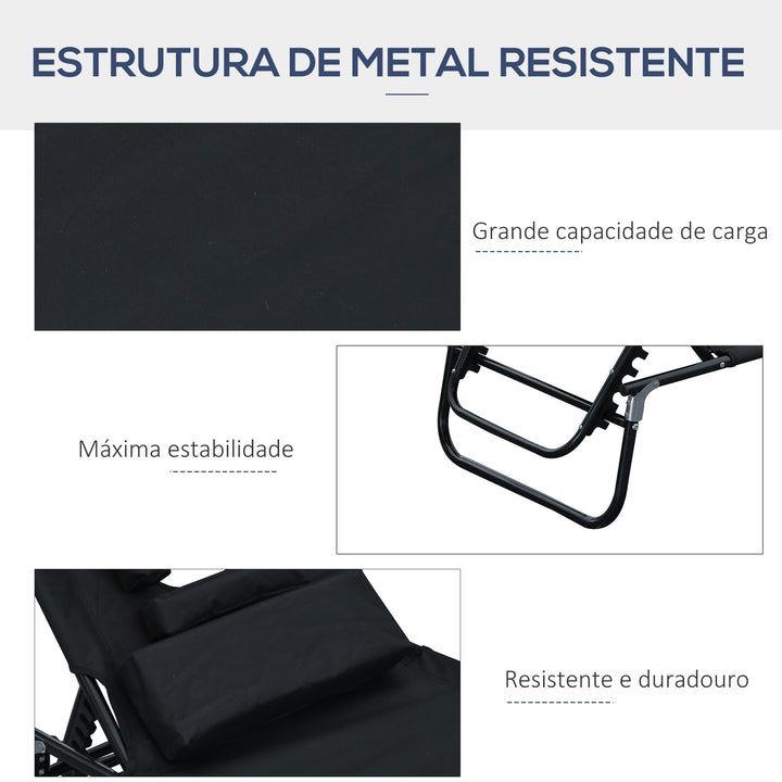 Espreguiçadeira reclinável e dobrável com almofada de leitura ou massagem - Cor Preto – aço - 190x56x28 cm