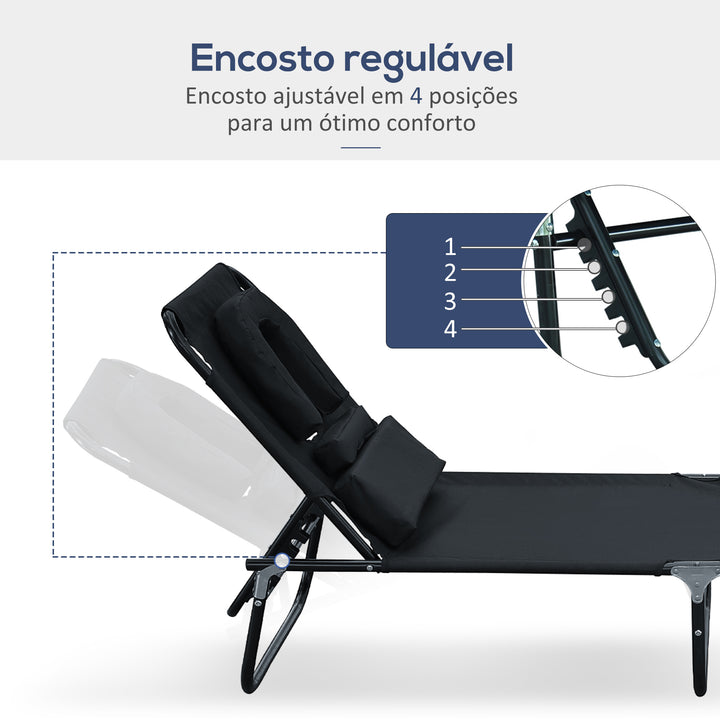 Espreguiçadeira reclinável e dobrável com almofada de leitura ou massagem - Cor Preto – aço - 190x56x28 cm